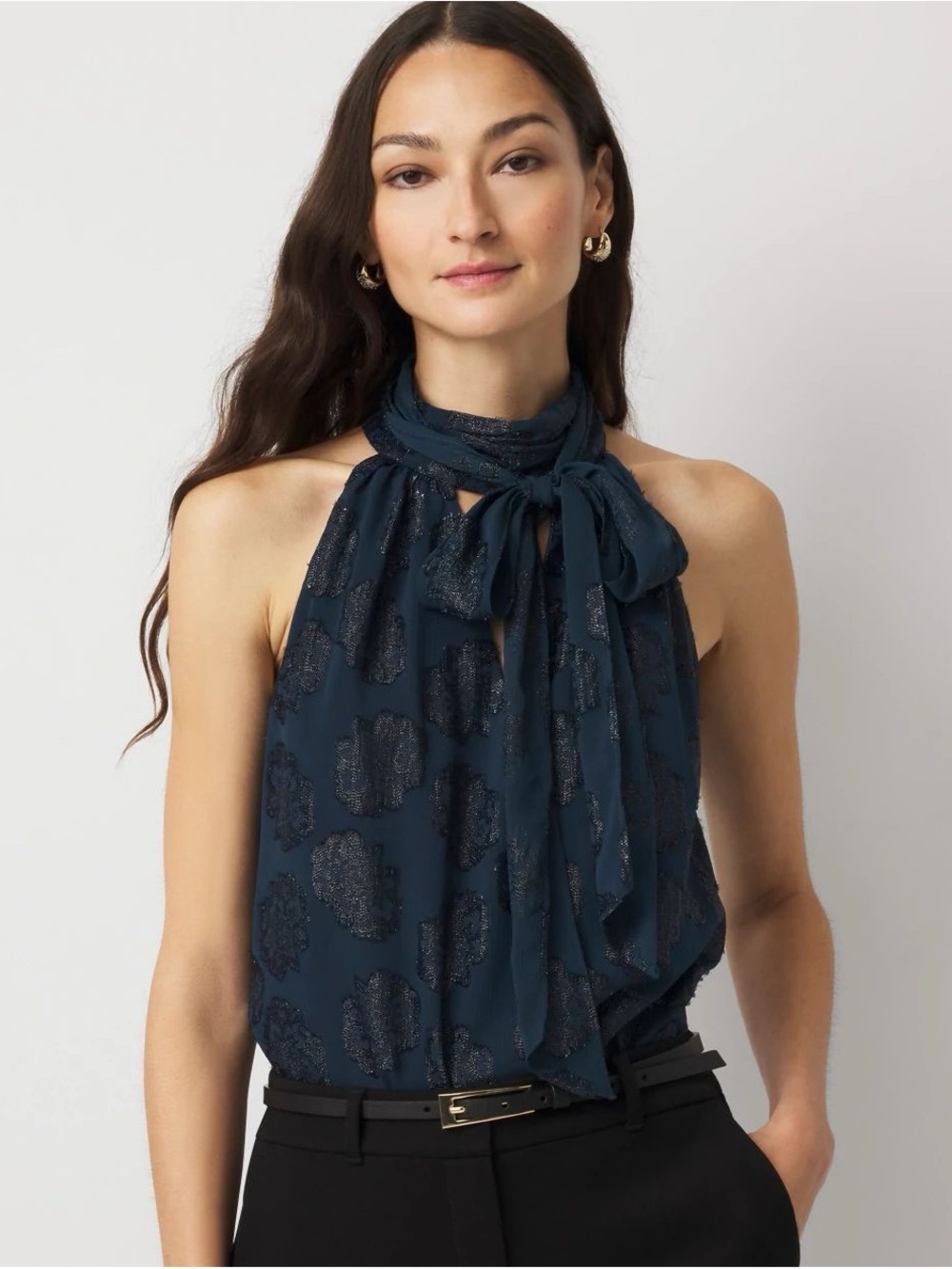 White House Black Market Floral Tie Neck Halter Blouse